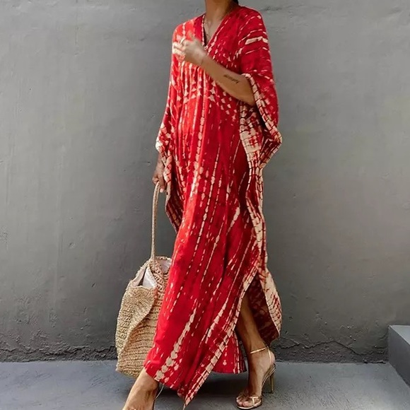Amaranth Kimono Kaftan Dress Maxi, 5⭐️ Rated Soft Flowing Red Boho Kaftan, AVAIL - Picture 5 of 7